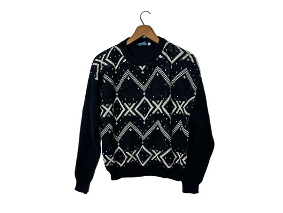 Vintage R.P. Knickers Christmas Sweater Geometric Pattern Knit Pullover Sweater Long Sleeve Navy White  Kids Large