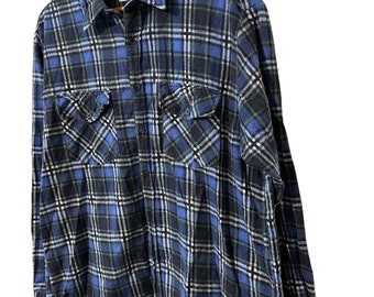 Vintage 80s Blue Plaid Flannel Button Down Long Sleeve Shirt With