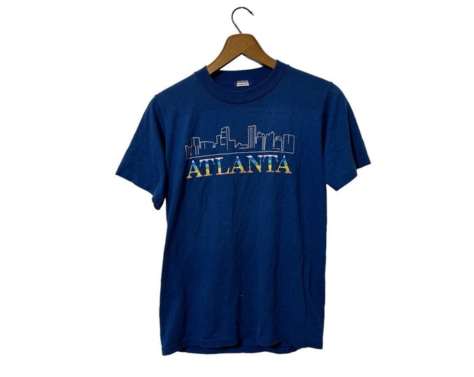 1980's Atlanta Georgia Blue Short Sleeve T Shirt with Skyline Graphic on Front Adult Small