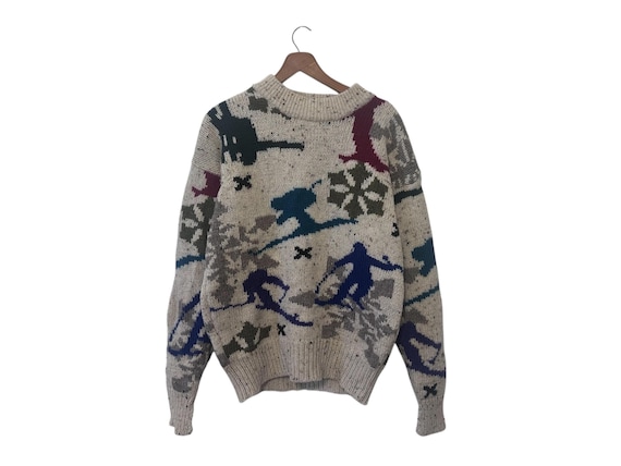 Wool Ski Sweater Vintage 90s Boston Traders Size Medium Skiers Pattern Print Knit
