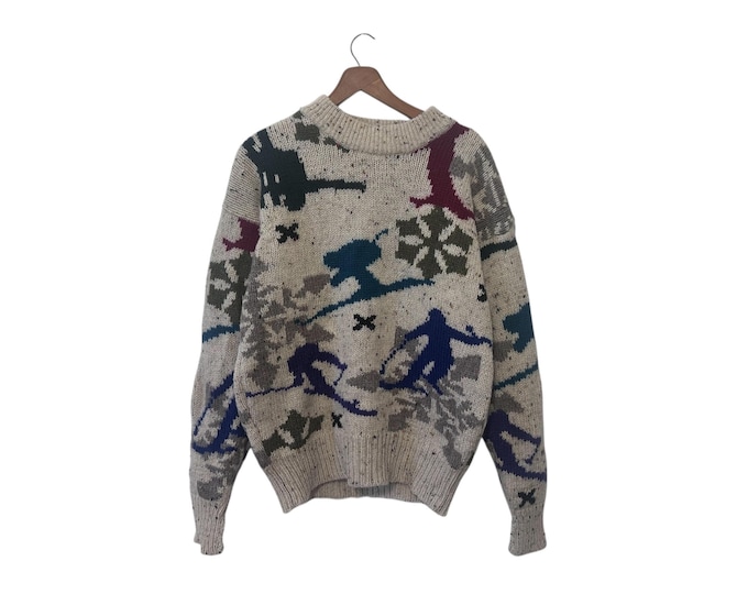 Wool Ski Sweater Vintage 90s Boston Traders Size Medium Skiers Pattern Print Knit