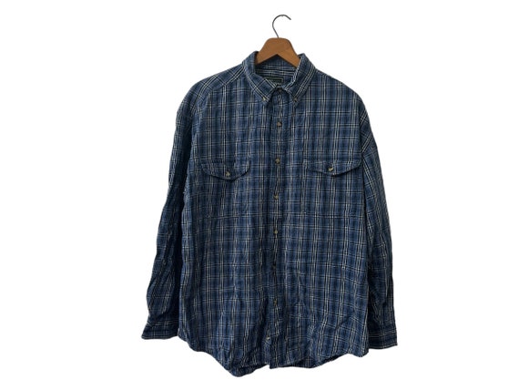 Vintage Croft & Barrow Thick Cotton Plaid Flannel Shirt Button Down Blue Black White Long Sleeves Double Chest Pockets Men's Medium