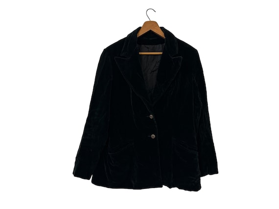 70's Women's Black Velvet Blazer Sport Suit Coat Decorative Buttons Long Sleeve Pockets Lined Made in USA Size Small