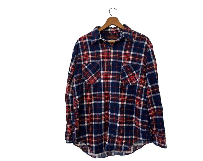 70s 80s Kingsport Flannel Vintage Plaid Cotton Shirt Blue Red White Button Front Long Sleeve Pockets Adult Size Large