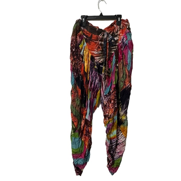 Vintage Boho Hippie Abstract Harem Pants Pink Purple Blue Brown White Orange Green Baggy Tapered Pants Women's Large