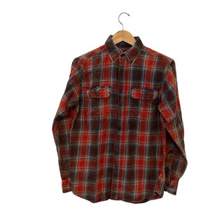 Vintage Acid Washed Distressed Plaid Cotton Flannel Shirt Orange Brown Blue Beige Long Sleeve Pockets Adult Size Small