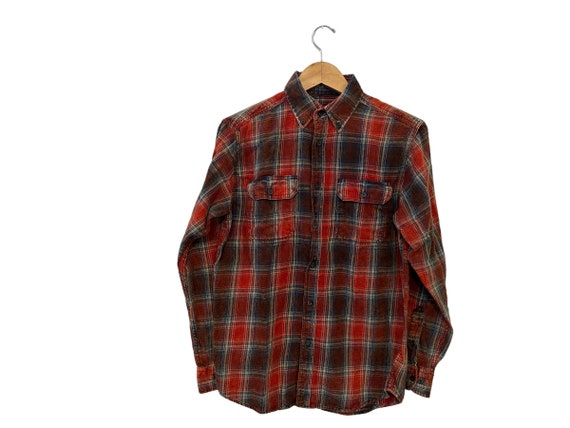 Vintage Acid Washed Distressed Plaid Cotton Flannel Shirt Orange Brown Blue Beige Long Sleeve Pockets Adult Size Small