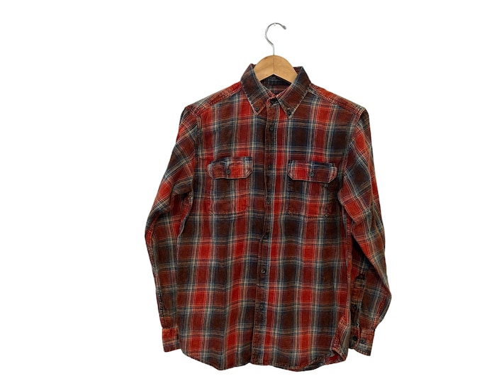 Vintage Acid Washed Distressed Plaid Cotton Flannel Shirt Orange Brown Blue Beige Long Sleeve Pockets Adult Size Small