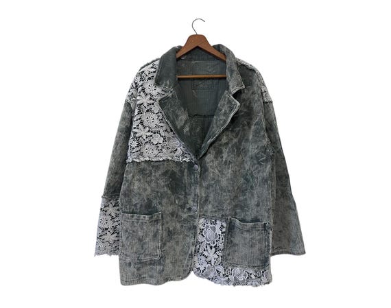 Oversized Corduroy and Lace Patchwork Jacket with Buttons Women's Large in Muted Green-Gray