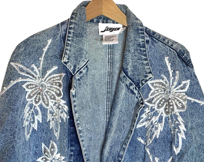 80's Denim Pearl Embellished Jacket Floral Beaded Acid Wash with Cinched Pockets Fall Vintage Wedding Jacket Women's Oversized Medium