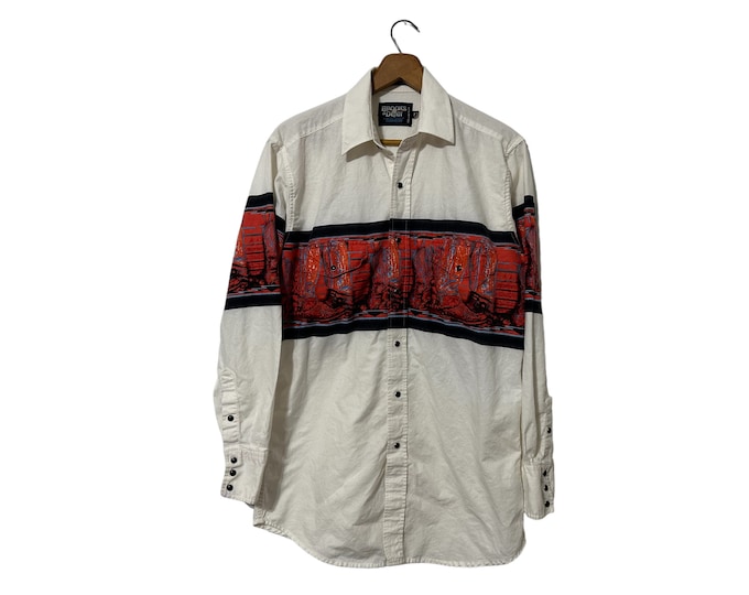 Vintage Brooks and Dunn Western Shirt Cowboy Boots Print White Red Black Pearl Snap Buttons Long Sleeve Pockets Men's Size Small Medium