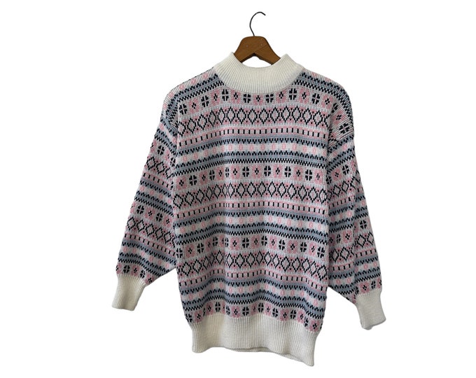 Women's Pink 80's Vintage Fair Isle Knit Pullover Ski Sweater Mock Neck Long Sleeve Woman Size Small
