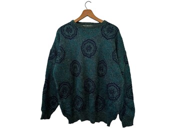 Sparkly Teal 80's Vintage Bugatchi Uomo Wool Blend Abstract Circle Pattern Pullover Designer Sweater Long Sleeve Size Large