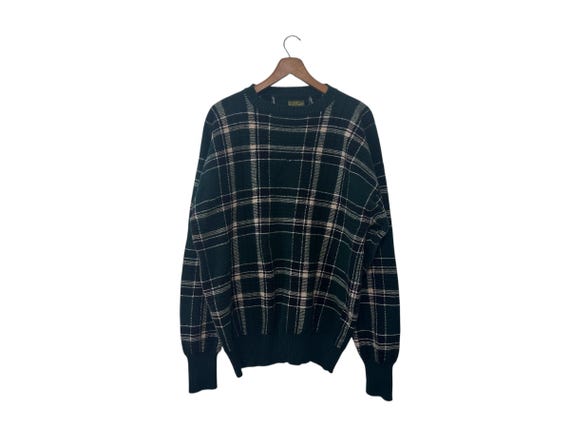 Green Plaid Wool Sweater Evergreen Quality Knitwear Pullover Size Large with Damage