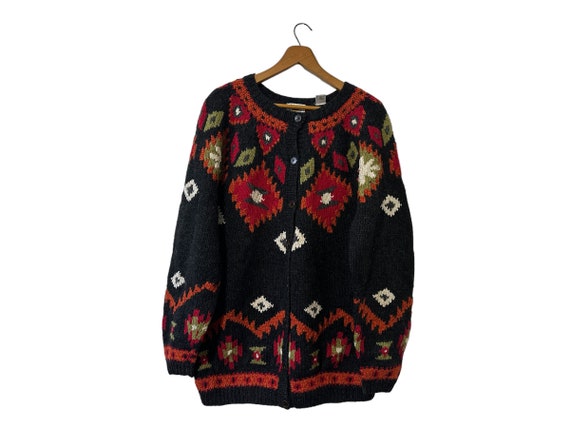 Hand Knit Vintage Shetland Wool Marsh Landings Cardigan Black Autumn Fall Button Cardigan Sweater Women Large
