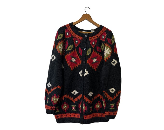 Hand Knit Vintage Shetland Wool Marsh Landings Cardigan Black Autumn Fall Button Cardigan Sweater Women Large