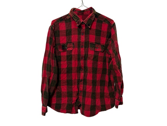 Acid Washed Red & Black Buffalo Plaid Flannel Shirt Faded Out Unisex Adult XL