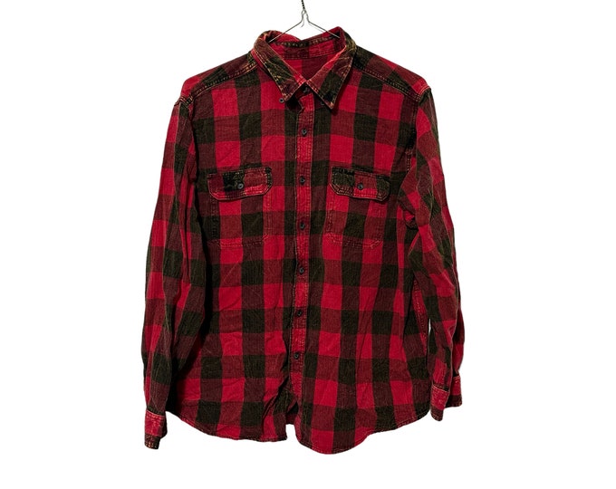 Acid Washed Red & Black Buffalo Plaid Flannel Shirt Faded Out Unisex Adult XL