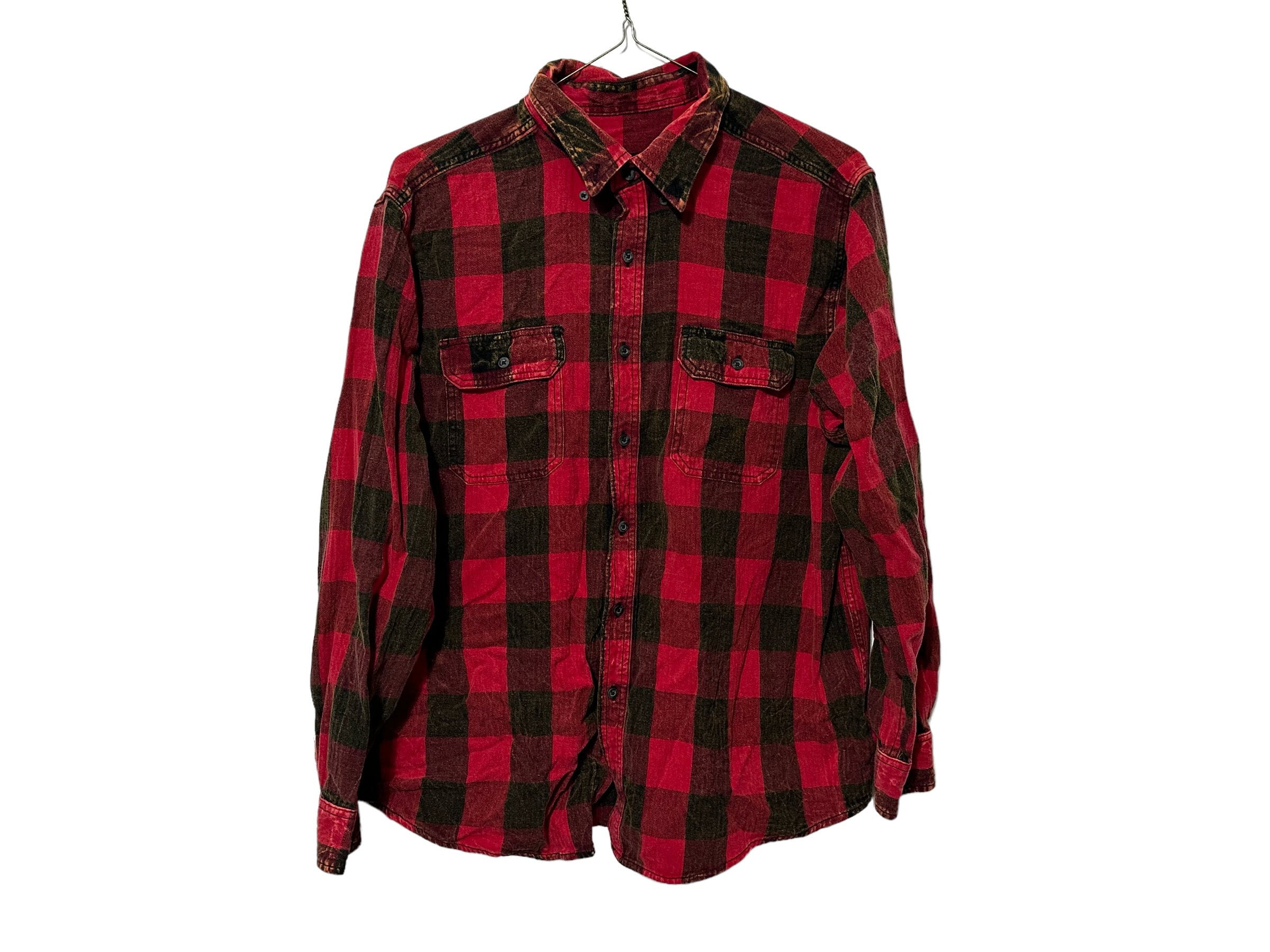 Acid Washed Red & Black Buffalo Plaid Flannel Shirt Faded Acid Washed Red & Black Buffalo Plaid Flannel Shirt Faded