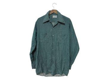 60年代 70年代 千鳥格子 ボタンダウンシャツ グリーン ホワイト ヴィンテージ メンズ S M 長袖シャツ