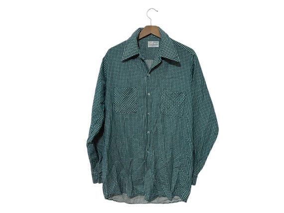60s 70s Houndstooth Button Down Shirt Green White Vintage Mens Small Medium Long Sleeve Shirt