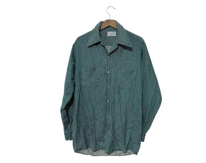 60s 70s Houndstooth Button Down Shirt Green White Vintage Mens Small Medium Long Sleeve Shirt