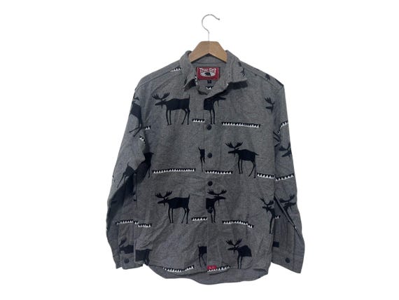 Gray Moose Print Flannel Shirt Mens Small True Grit Button Down Shirt Men