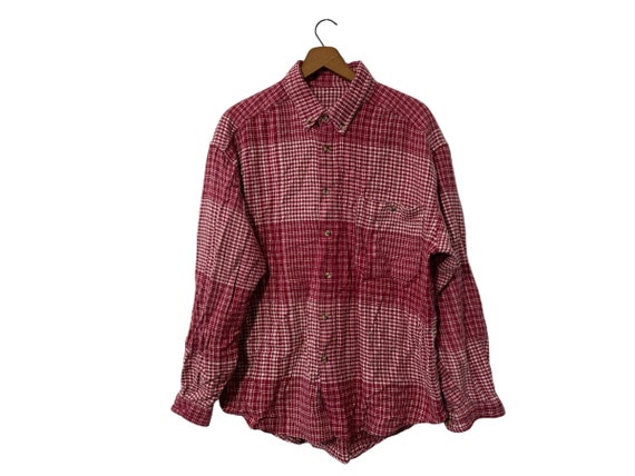 Vintage Red and White Mixed Patterned Plaid Flannel Button Down Long Sleeve with Pocket Men's XL