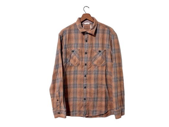 Desert Sands Rust Blue Flannel Cotton Button Down Longsleeve Shirt Unisex Adult Size Small
