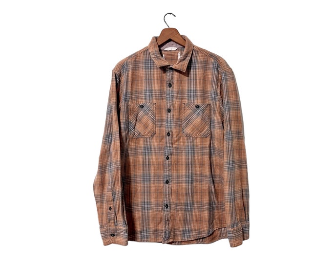 Desert Sands Rust Blue Flannel Cotton Button Down Longsleeve Shirt Unisex Adult Size Small