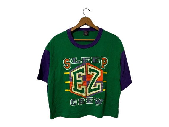 1990's Vintage Sleep EZ Crew Cropped Short Sleeve T Shirt Green and Purple with Sleep EZ Crew Graphic Adult Large