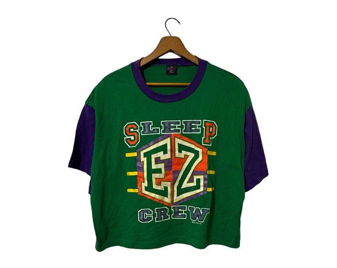 1990's Vintage Sleep EZ Crew Cropped Short Sleeve T Shirt Green and Purple with Sleep EZ Crew Graphic Adult Large