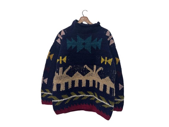 Heavy Wool Knit South American Patterned Sweater with Collar Winter Sun Ecuador Size Medium