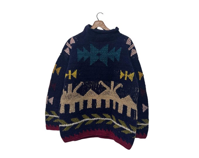 Heavy Wool Knit South American Patterned Sweater with Collar Winter Sun Ecuador Size Medium