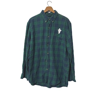 Ghost Patch Flannel Shirt Blue Green Plaid Cute Halloween Themed Brushed Flannel Size Large
