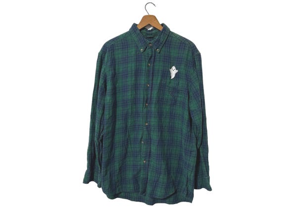 Ghost Patch Flannel Shirt Blue Green Plaid Cute Halloween Themed Brushed Flannel Size Large