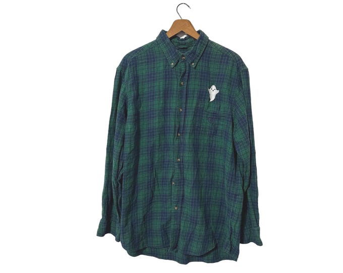 Ghost Patch Flannel Shirt Blue Green Plaid Cute Halloween Themed Brushed Flannel Size Large
