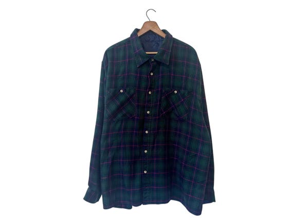 Hunter Green Navy Blue Red Tartan Plaid Acrylic Flannel Shirt Vintage 90s Long Sleeve Shirt Mens 2X XXL