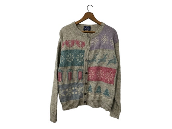 Vintage Christmas Cardigan Sweater The Woolrich Woman Wool Blend Gray Pink Blue Snowflakes Reindeer Metal Buttons Women's Large