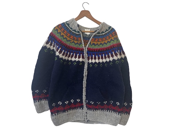 Colorful South American Vintage Thick Wool Knit Zip Up Sweater Artesanias Folkloricas Ecuador