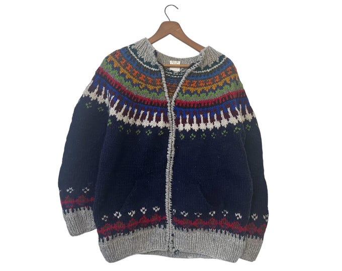 Colorful South American Vintage Thick Wool Knit Zip Up Sweater Artesanias Folkloricas Ecuador
