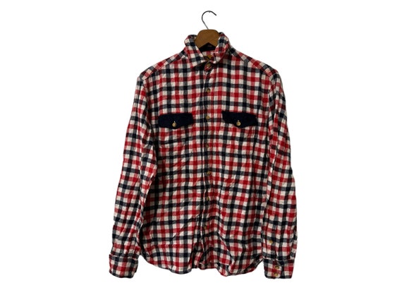Stapleford Workwear Pocket Plaid Cotton Flannel Red White Navy Blue Button Down Long Sleeve Checkered Shirt Double Pockets Size XS - Damaged