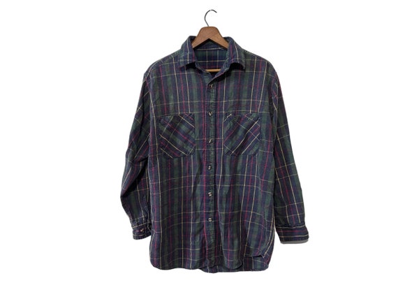 Acid Washed Flannel Shirt Soft Plush Cotton Long Sleeve Plaid Shirt Navy Green Red Gold Mens Size Small