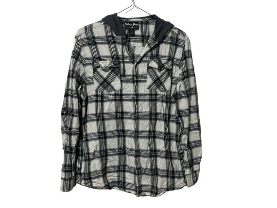 Hooded Flannel Shirt Black + White Plaid Flannel Hoodie Size Medium