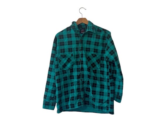 Distressed Vintage 80's Flannel Saugatuck Drygoods Company Ltd Teal Green and Black Small Cotton