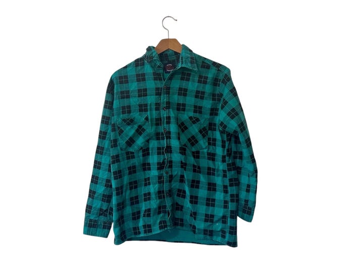 Distressed Vintage 80's Flannel Saugatuck Drygoods Company Ltd Teal Green and Black Small Cotton