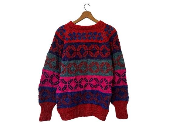 Vibrant Vintage 80's Pullover Sweater Colorful Red Pink Purple Blue Teal Fair Isle Patterned Women's Medium