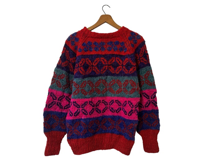 Vibrant Vintage 80's Pullover Sweater Colorful Red Pink Purple Blue Teal Fair Isle Patterned Women's Medium