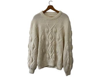 Vintage Cable Knit Versatile Classic Pullover Cream Sweater Jumper Women Medium Large