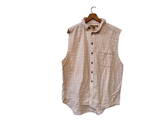 Bleached Cutoff Sleeveless Shirt Flannel Vest Top Button Down Pastel Peach Checkered Plaid Unisex Large